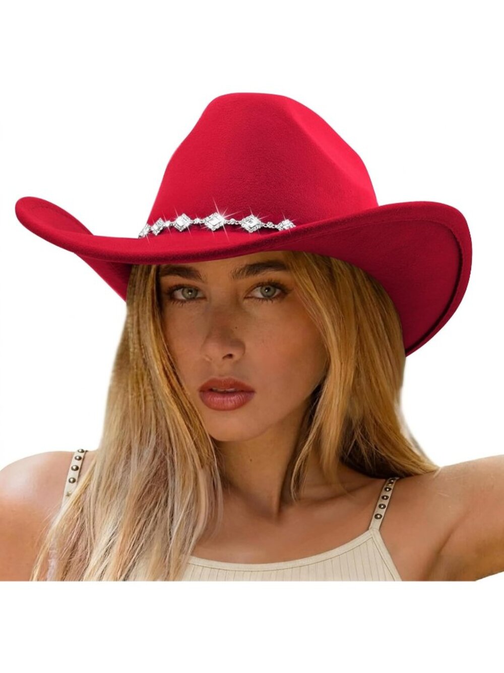 Women's Red Rhinestone Glitter Wide Brim Felt Cowboy Western Cowgirl Hat